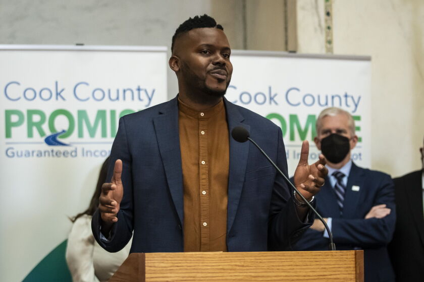 Michael Tubbs, former mayor of Stockton, Calif., and founder of Mayors for a Guaranteed Income, discusses the Cook County Guaranteed Income Program at the Chicago Cultural Center on May 18, 2022.