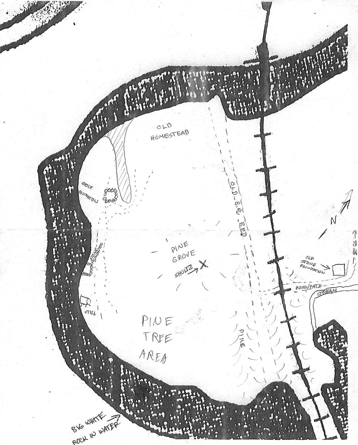 A scanned hand-drawn map created by retired detective Gary Bennett, who speculated Dutch Schultz's loot was buried somewhere off Highway 28 in Boiceville, near the Ashokan Reservoir.