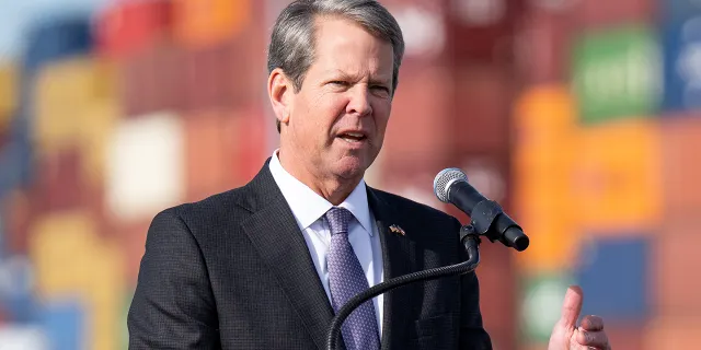 Georgia Governor Brian Kemp speaks during a ribbon cutting ceremony for the Mason Mega Railroad Station at the Garden City Port Terminal on November 12, 2021 in Garden City, Georgia.  (Photo by Sean Rayford/Getty Images)
