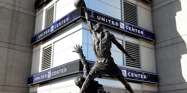 Omri Amrany and Julie Rotblatt-Amrany's statue of Michael Jordan, officially known as 'The Spirit', stands outside the United Center, home of the Chicago Bulls basketball team and the Chicago Blackhawks hockey team in Chicago.