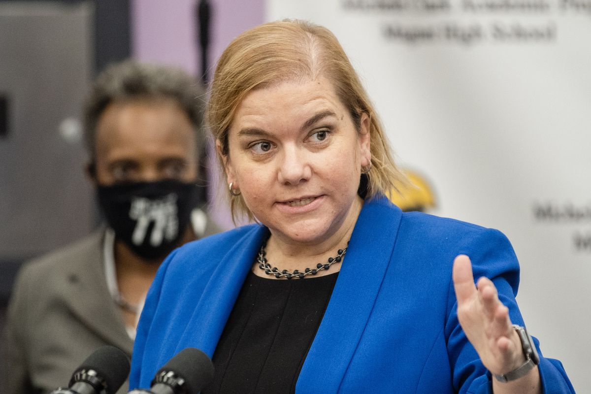 Chicago Public Health Commissioner Dr. Allison Arwady pictured at a press conference last November.