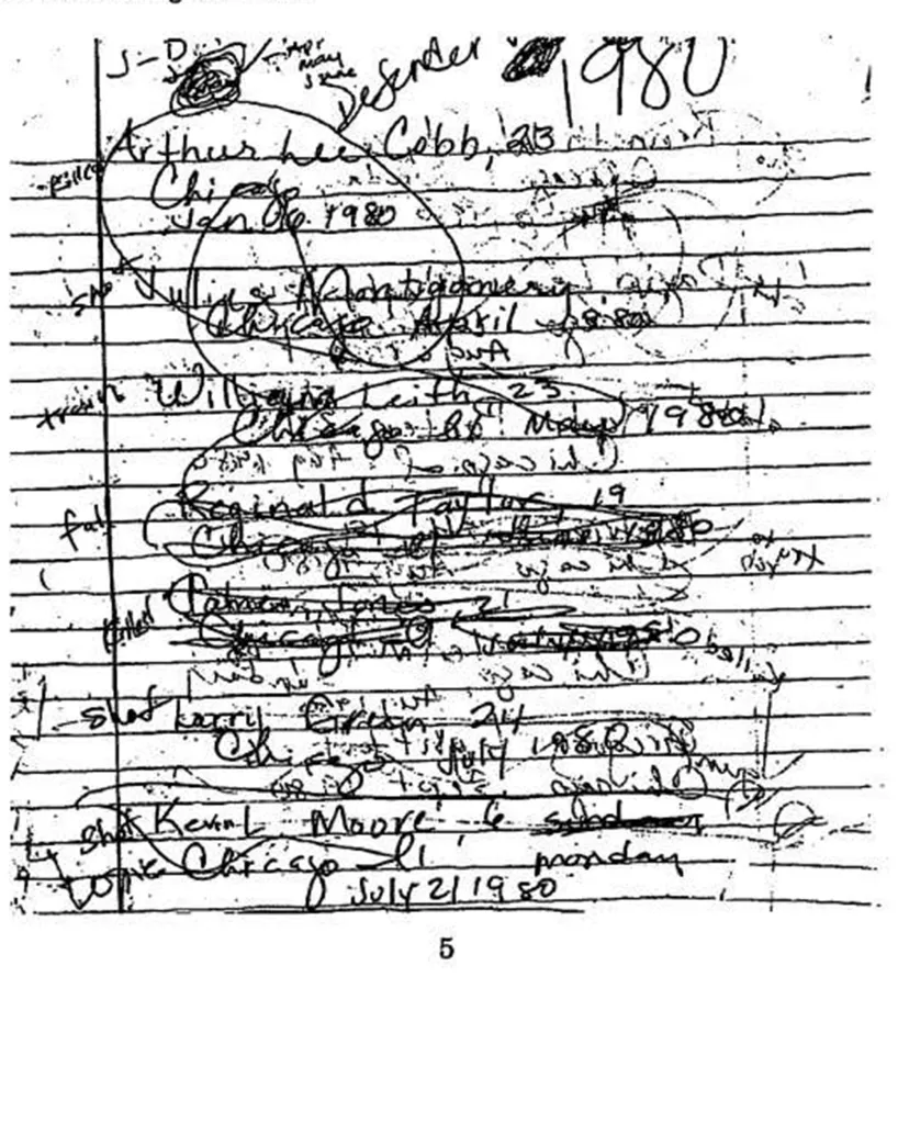 Investigators found handwritten notes from Pierce listing his victims and how they were murdered.